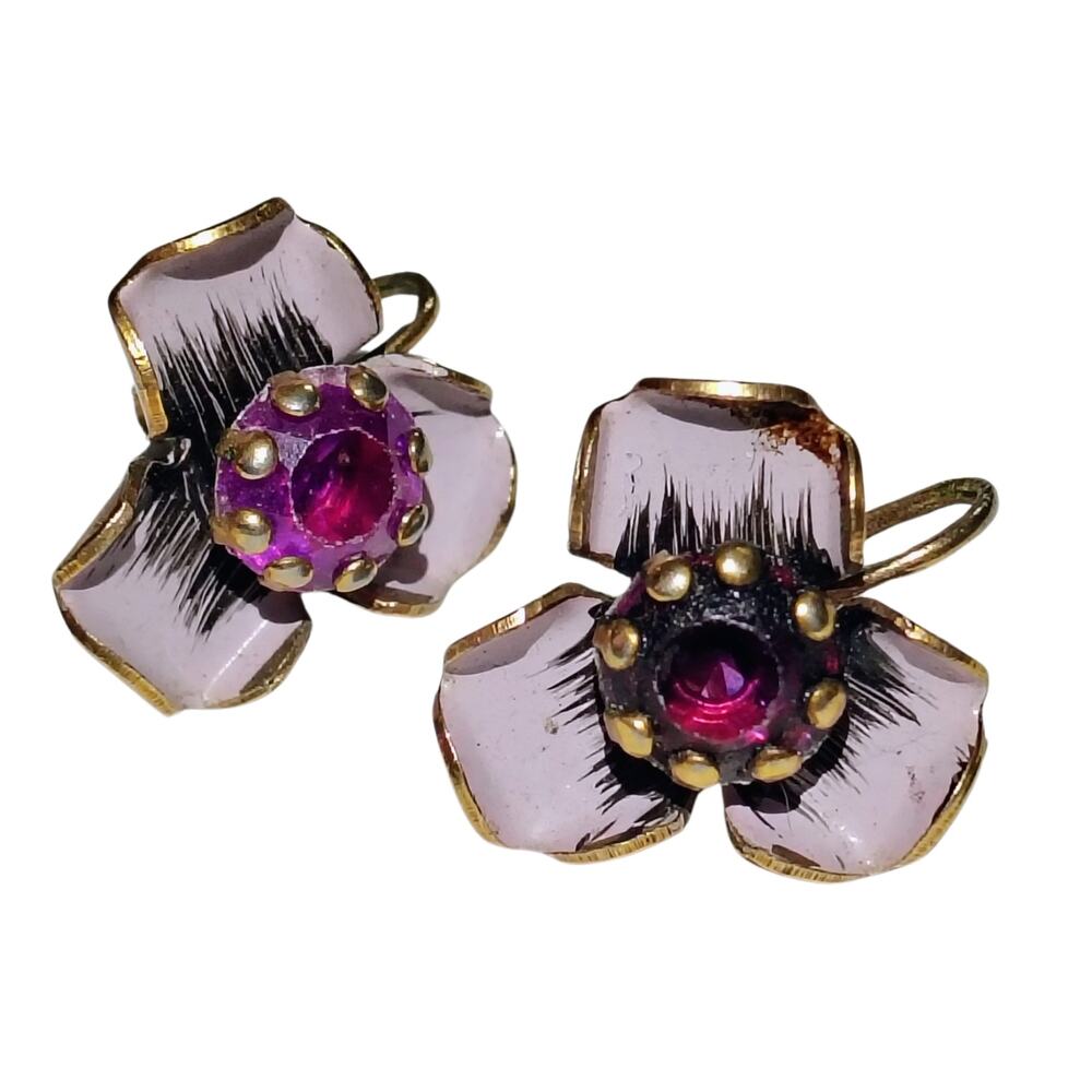 50s Vintage Enamel Flower Clip Earrings Costume Jewelry Hand Painted Purple Gold